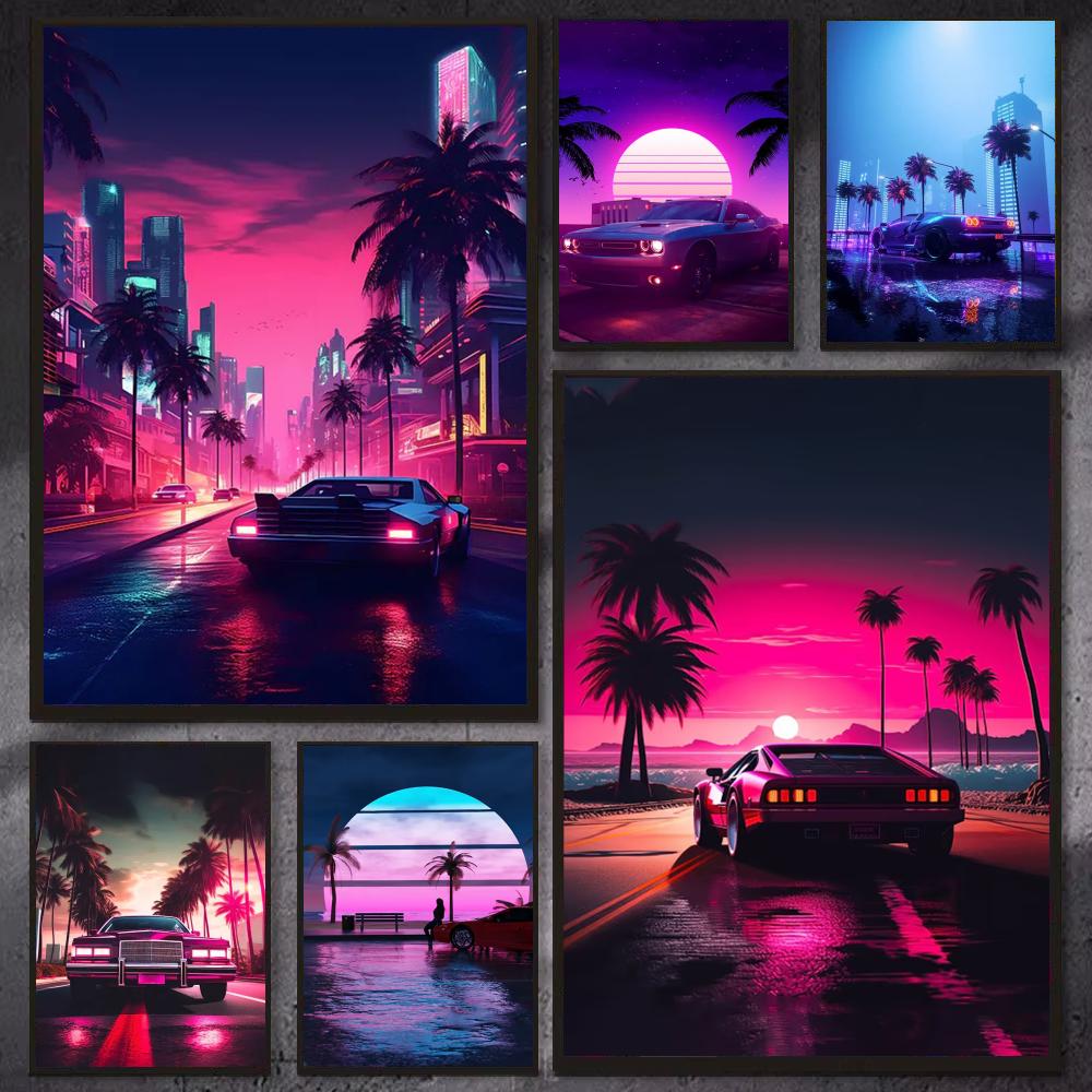 Cyberpunk 80s Retro car city P - Retro Gaming Wallpaper 评论和价格