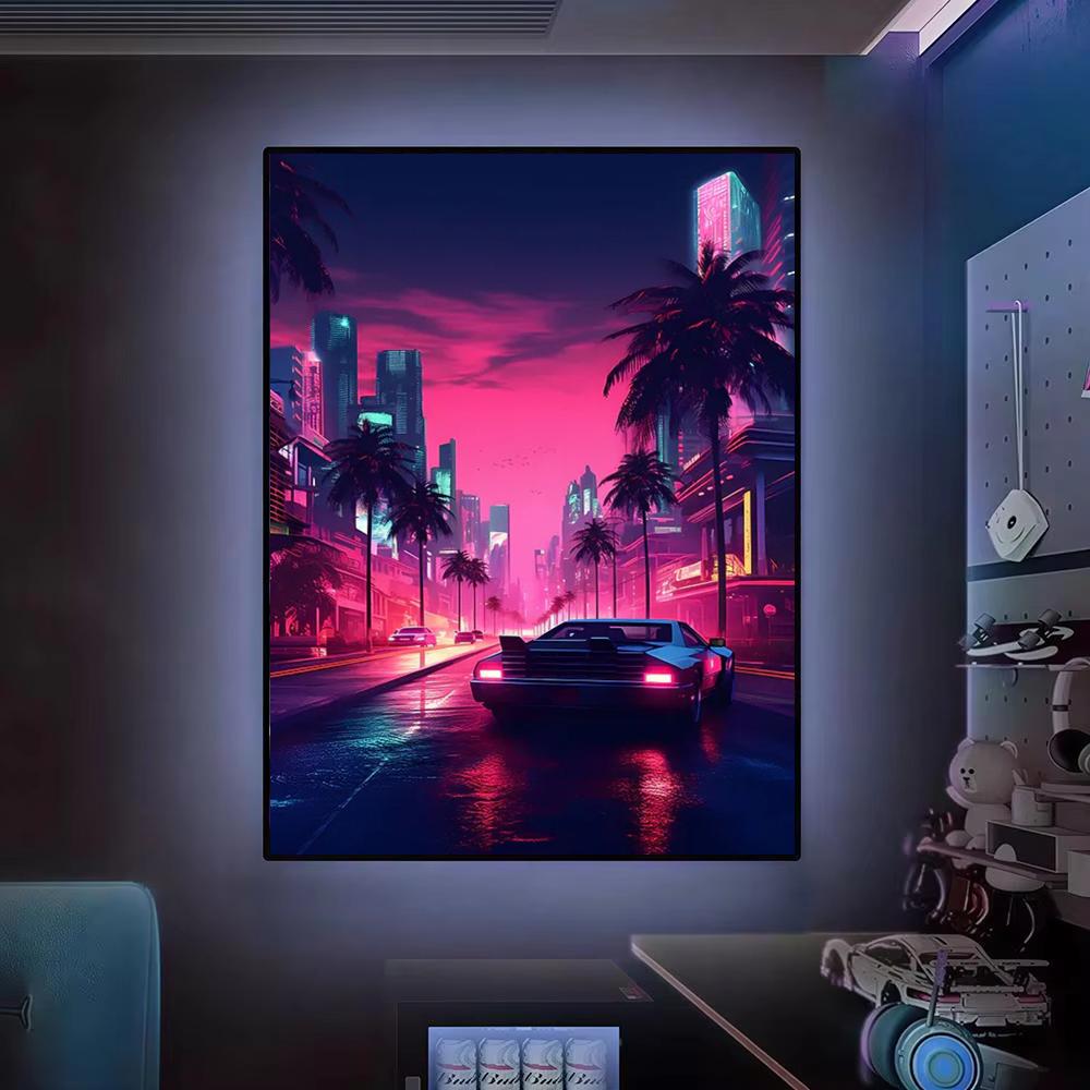 Cyberpunk 80s Retro car city P - Retro Gaming Wallpaper 评论和价格