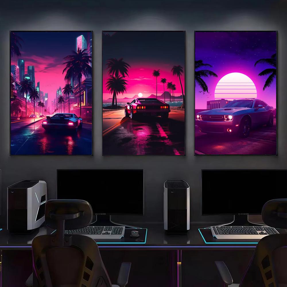 Cyberpunk 80s Retro car city P - Retro Gaming Wallpaper 评论和价格