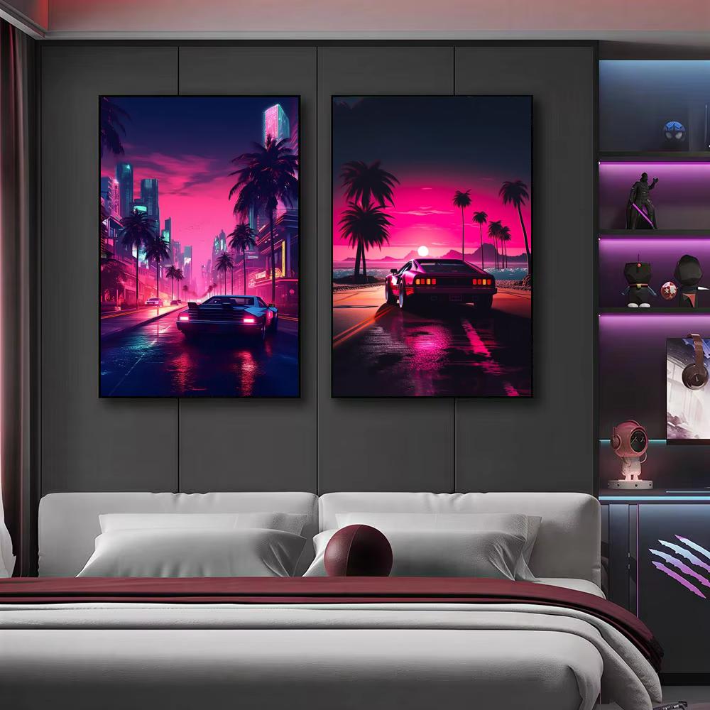 Cyberpunk 80s Retro car city P - Retro Gaming Wallpaper 评论和价格