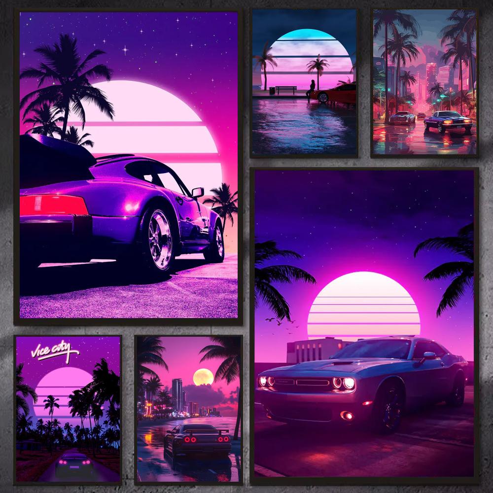 Cyberpunk 80s Retro car city P - Retro Gaming Wallpaper 评论和价格